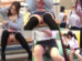 ２人収録！最後はバレた?大開脚で白P丸見えニーハイ娘&新人OLのスト越し透けP堪能極上対面パンチラ～