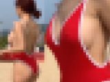 音あり高画質 海水浴場で巨乳がはみ出しのハイレグ美人２